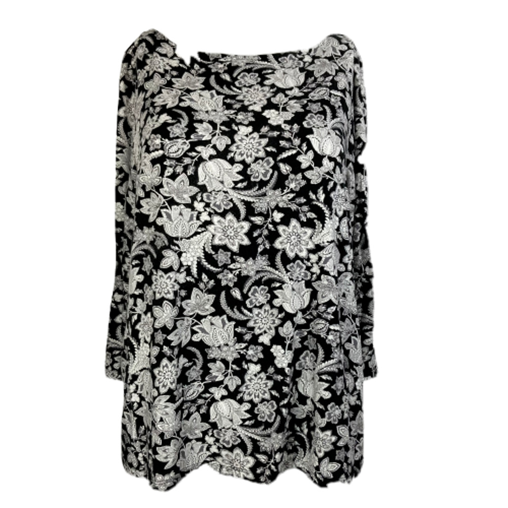 J. Jill Wearever Shirt Womens Sz MP Petite Black White Floral Knit Long Sleeve